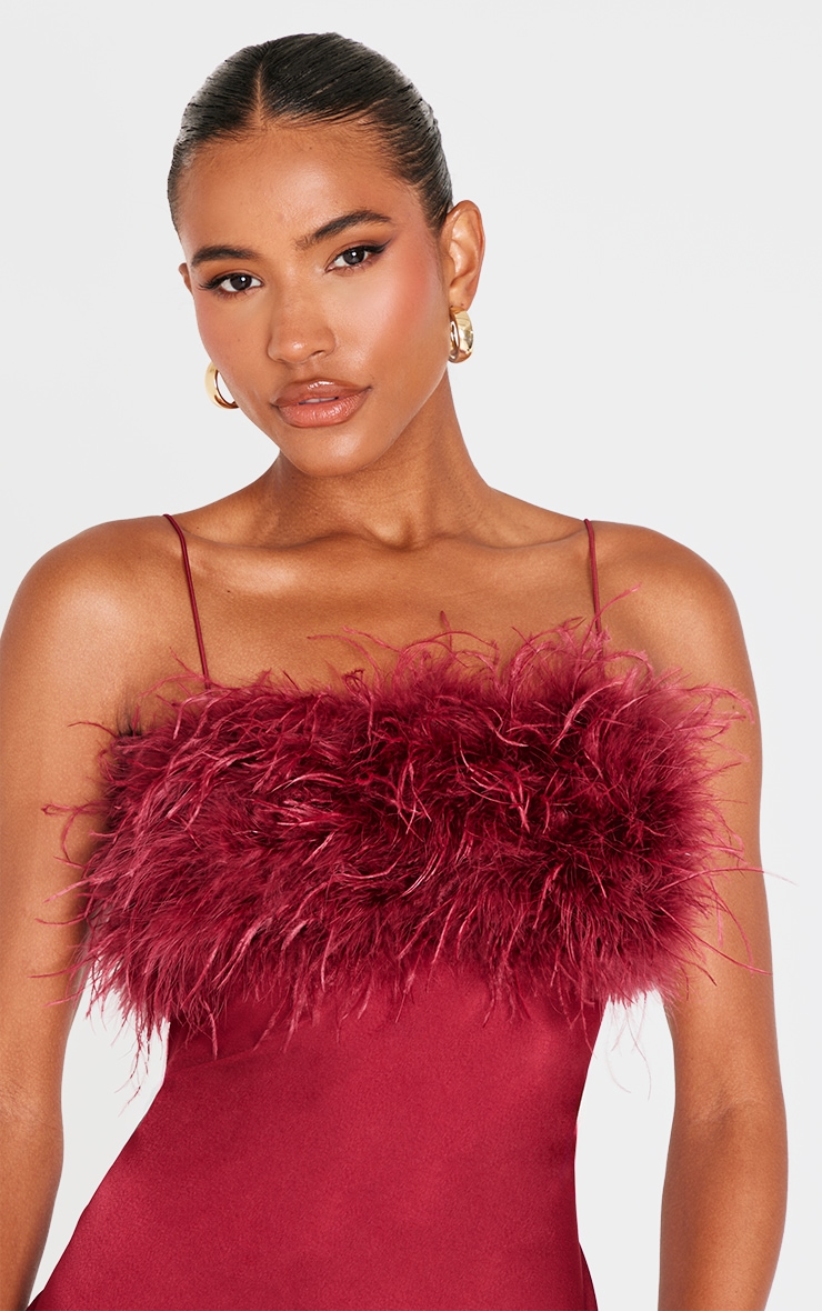 Burgundy Satin Feather Bust Detail Maxi Dress image 4