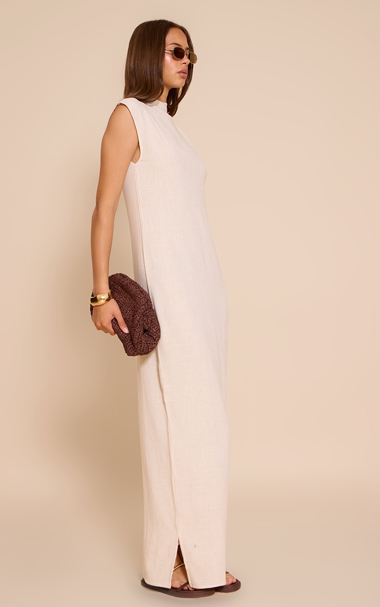 Natural Linen Look Sleeveless Drape Neck Detail Maxi Dress image 3