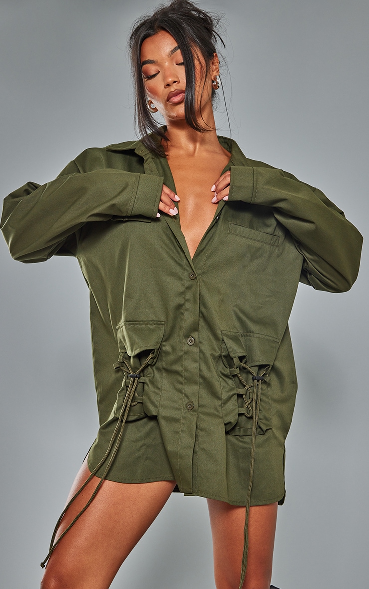  Khaki Twill Oversized Lace Pocket Detail Shirt Dress image 1