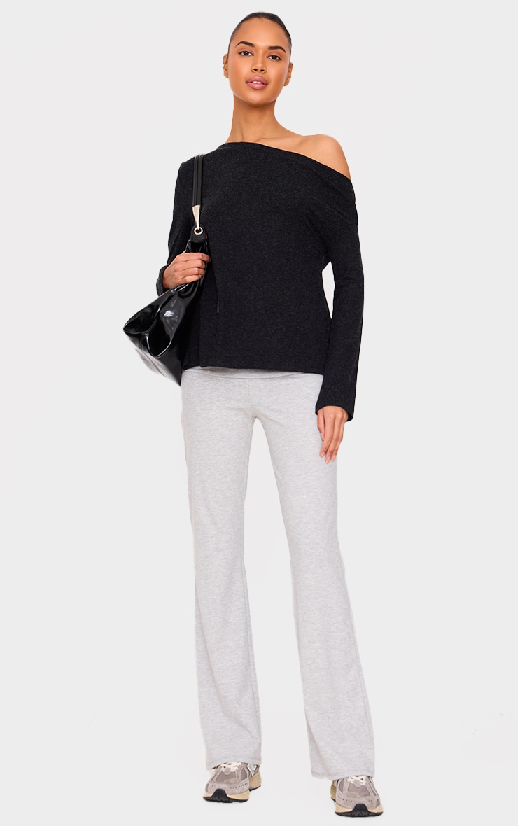 Black Slouchy Asymmetric Shoulder Long Sleeve Top image 3