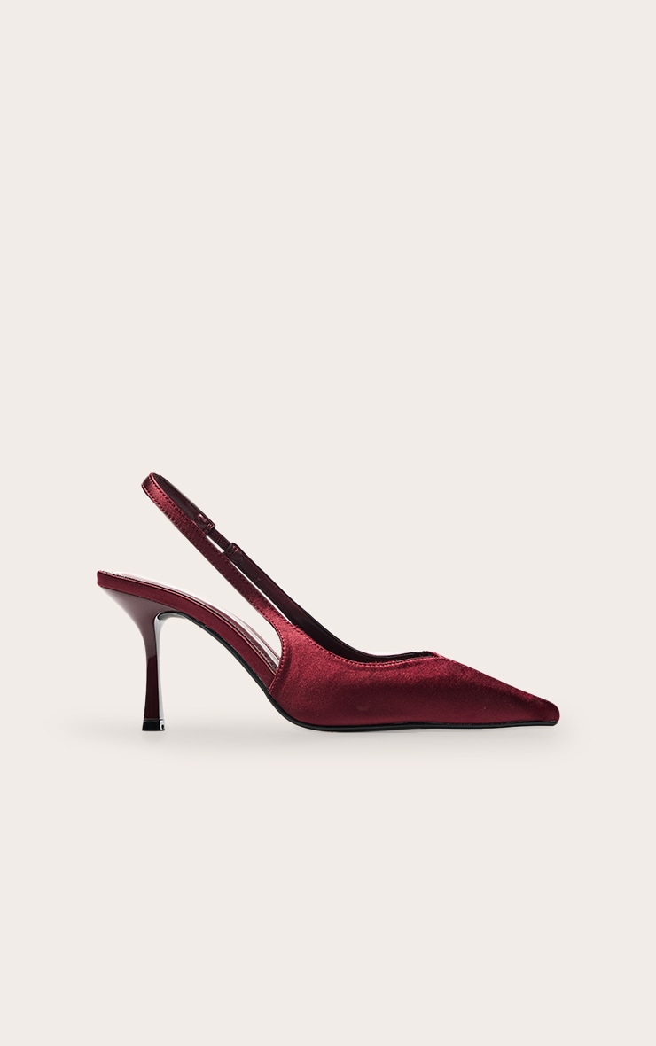 Burgundy Satin Point Toe Heeled Sling Back image 2