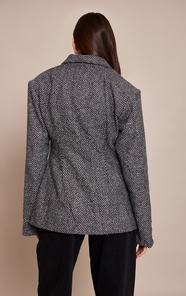 Grey Herringbone Gathered Cinched Waist Blazer image 2