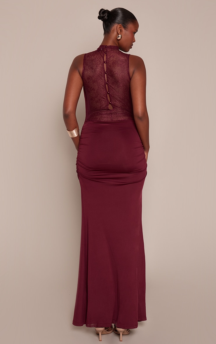 Burgundy Soft Lace Panel Cowl Neck Maxi Dress image 2