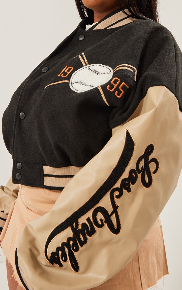 Plus Sand Wool Look Graphic Front Cropped Bomber Jacket image 4