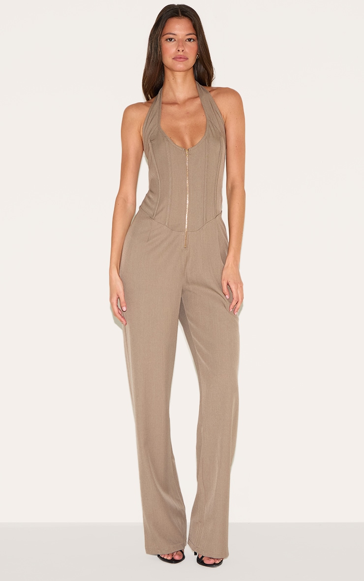 Mushroom Dipped Corset Zip Front Wide Leg Jumpsuit image 1