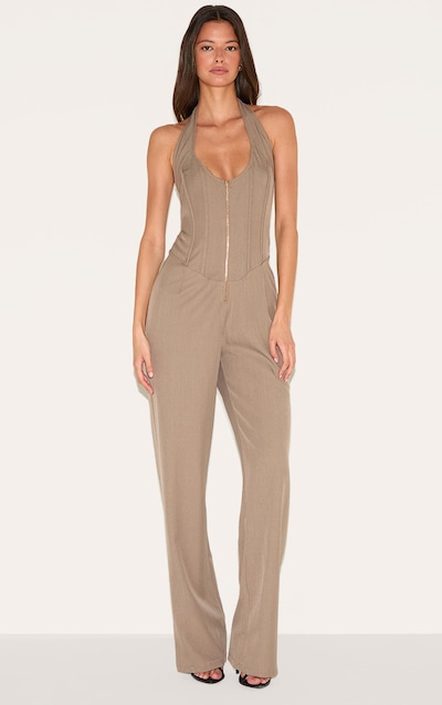 Mushroom Dipped Corset Zip Front Wide Leg Jumpsuit