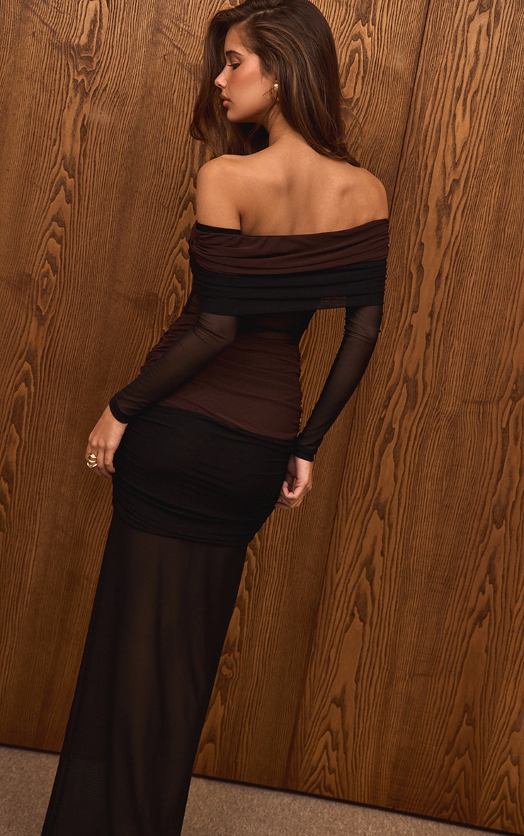 Black Mesh Contrast Panel Bardot Maxi Dress image 2