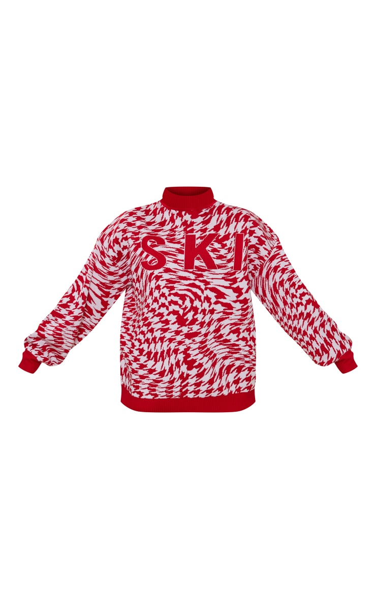 PRETTYLITTLETHING Pull de ski oversize rouge en maille tricot pied-de-poule image 5