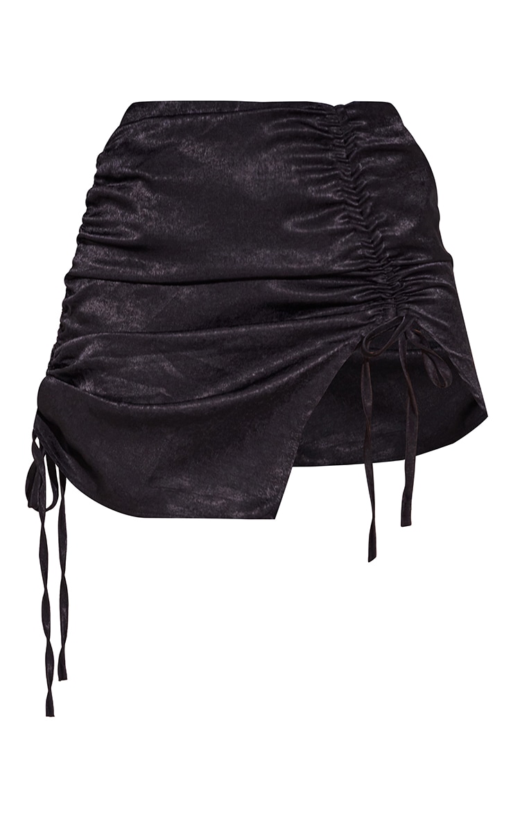 Black Hammered Satin Ruched Detail Mini Skirt image 6