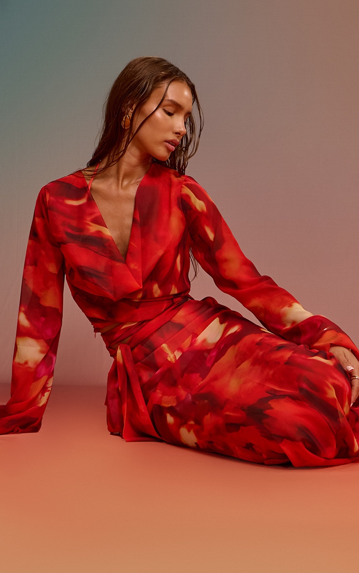 Red Printed Chiffon Low Rise Maxi Skirt image 4