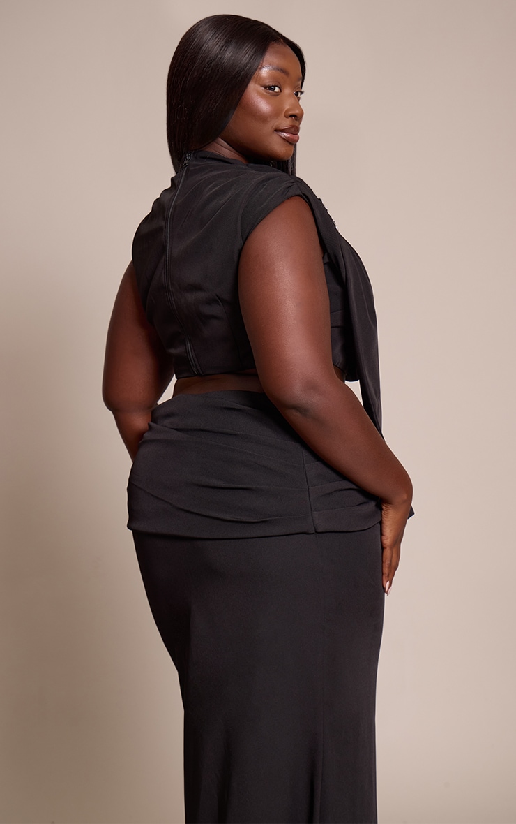 Plus Premium Black Woven Trim Detail Draped Crop Top image 2