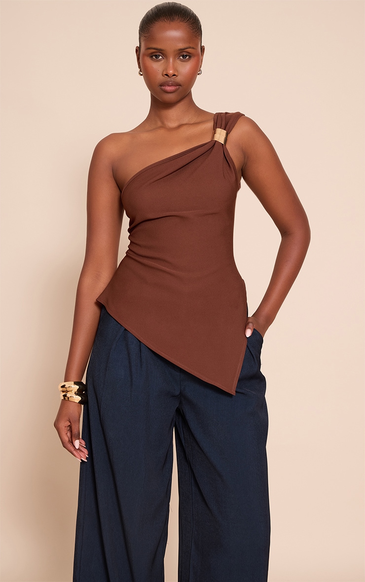 Dark Chocolate Asymmetric One Shoulder Trim Detail Long Top image 1