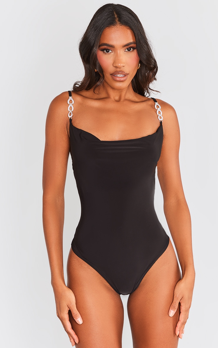 Black Diamante Strap Detail Cowl Neck Bodysuit image 2