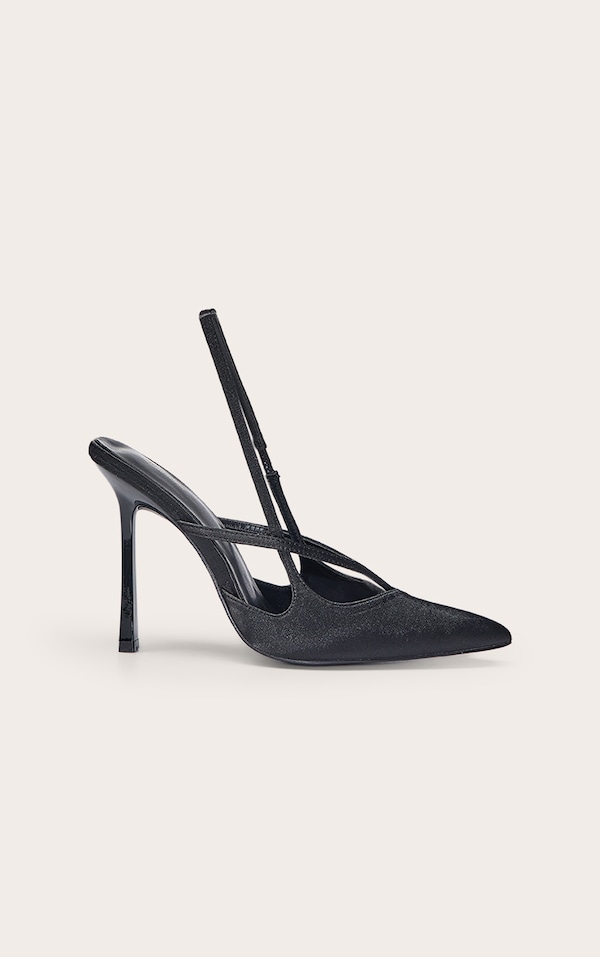 PLT Label Black Satin Sling Back Strappy Stiletto Heel Court