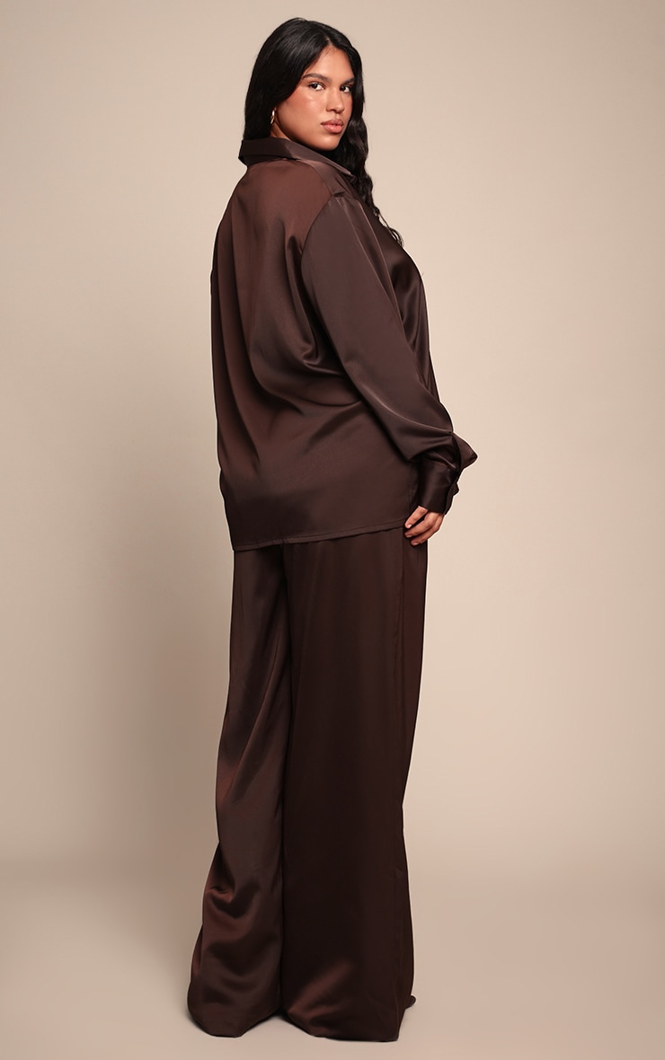 Plus Chocolate Crinkle Satin High Waist Wide Leg Pants image 3