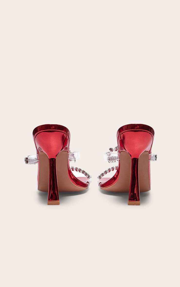Red PU Wide Fit Metallic Square Toe Diamante Strap Heeled Mules image 3