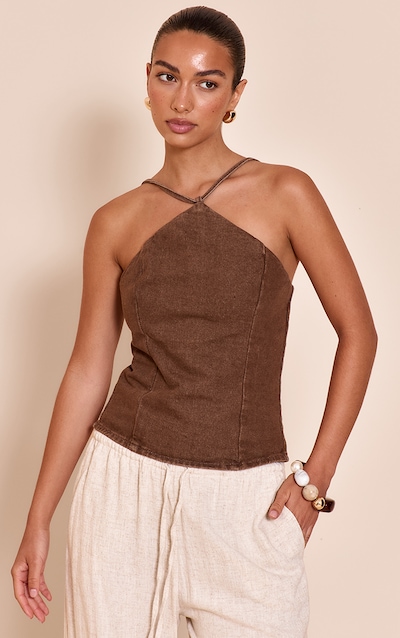 Top en jean stretch marron délavé à dos nu