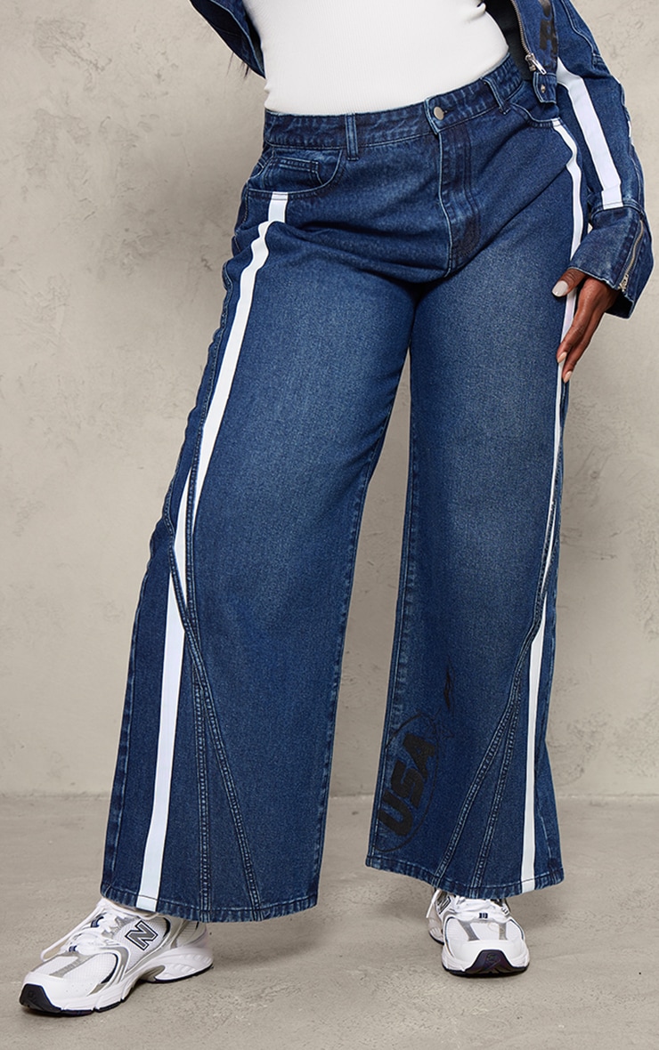 Plus Mid Blue Wash Graphic Detail Panelled Wide Leg Jeans image 2