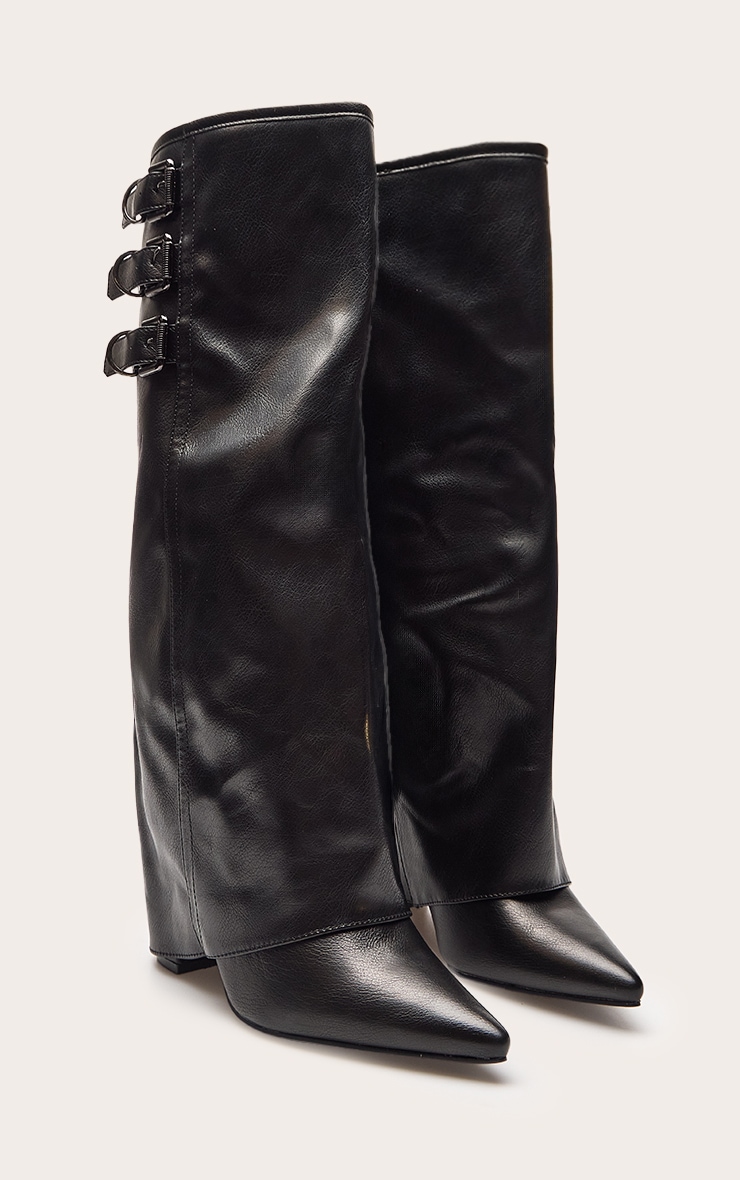 Bottes hautes repliées noires effet brûlé à talon carré et triples boucles image 3