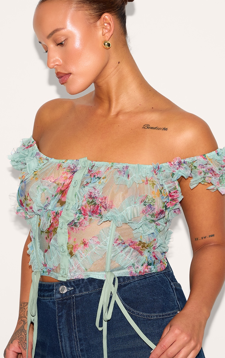 Plus Aqua Tie Detail Boned Mesh Corset Top image 4