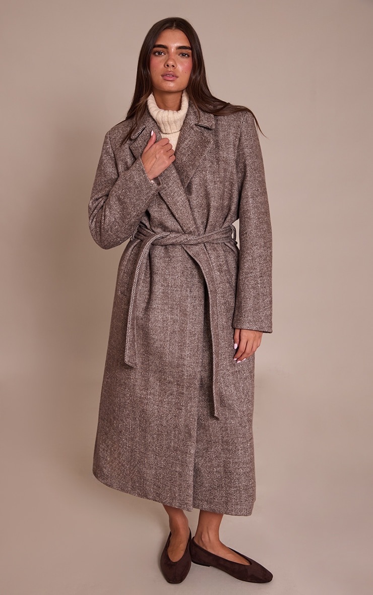 Brown Herringbone Tie Waist Maxi Coat image 3