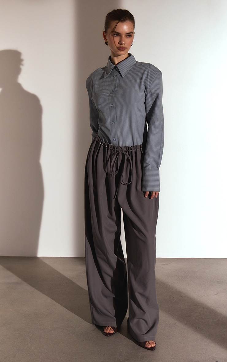 Grey Pleated Eyelet Waistband Wide Leg Pants image 2