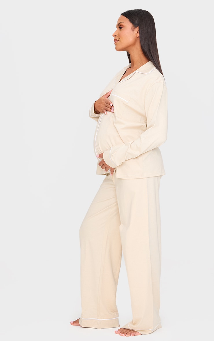 Maternity Sand Jersey Piping Detail Long Pj Set image 3