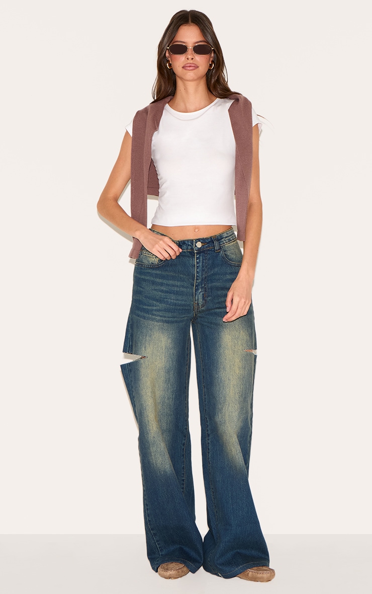 Vintage Wash Thigh Split Detail Wide Leg Jeans | Denim