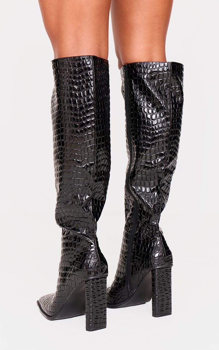 Black Croc Pu Point Toe High Block Heel Knee High Boots image 4