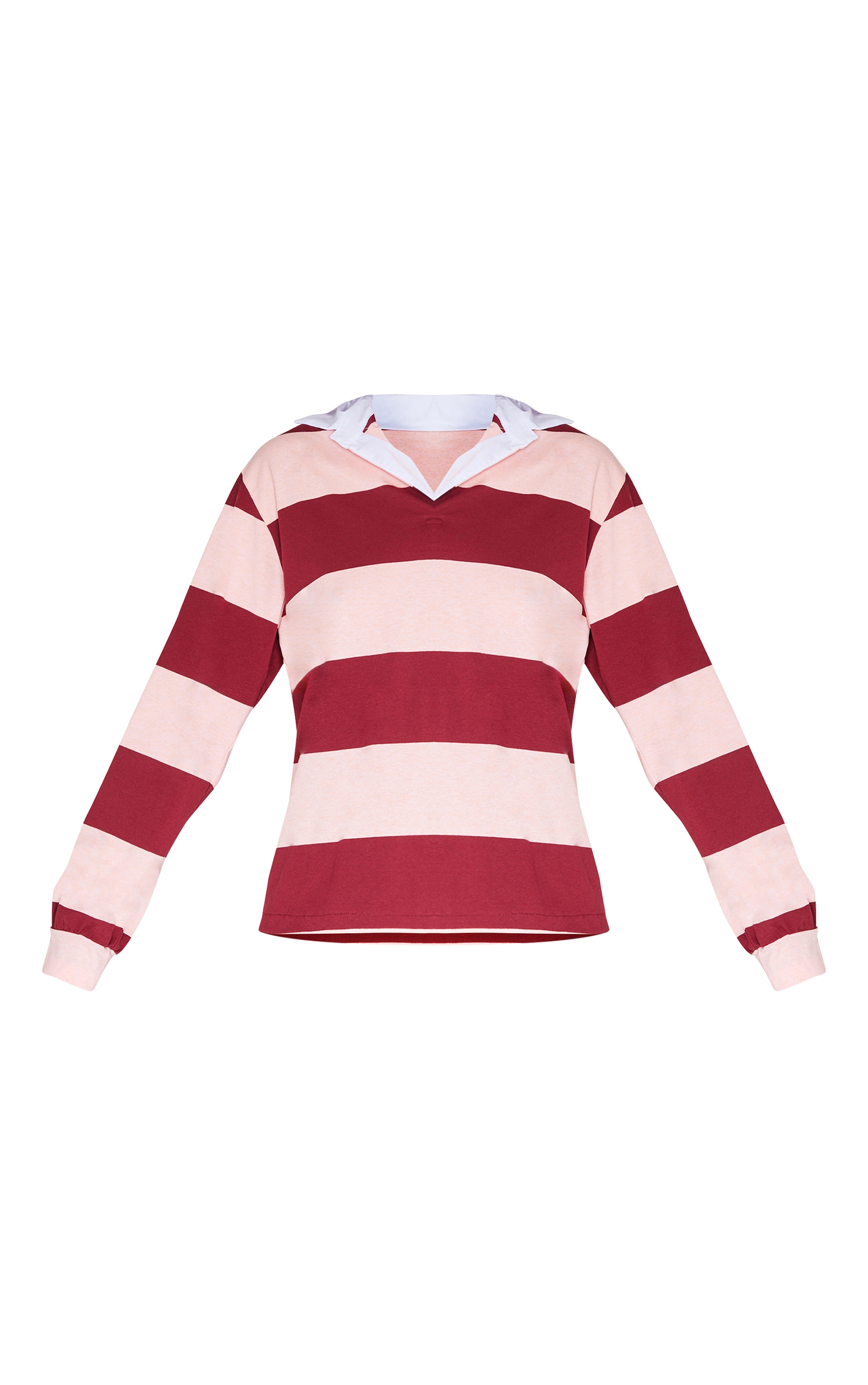 Tシャツ・カットソー HUECLOSET COSY COLLAR STRIPE KNIT 4BTR934 Burgundy Striped Collar Detail Long Sleeve T Shirt | Tops