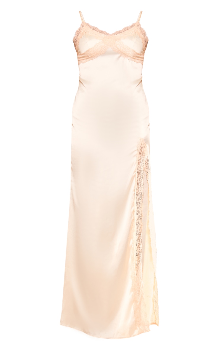 Cream Satin Lace Trim Spaghetti Strap Maxi Dress image 5