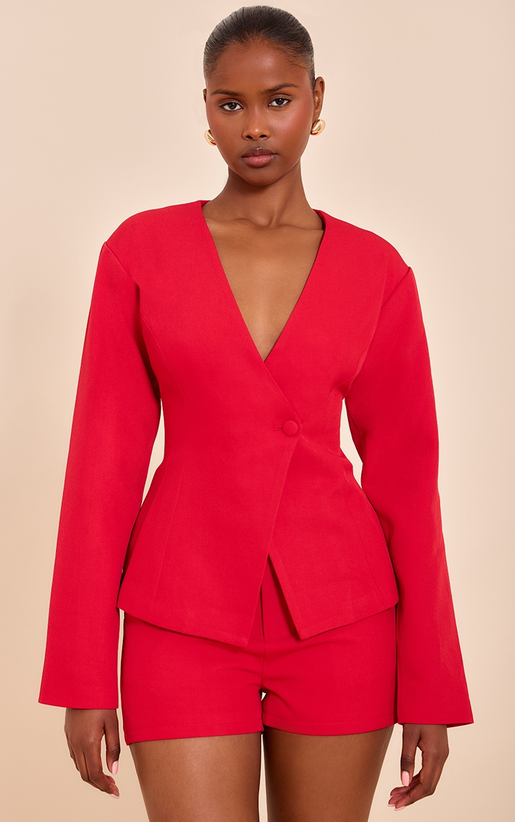 Blazer de tailleur asymétrique rouge tomate à taille cintrée image 1