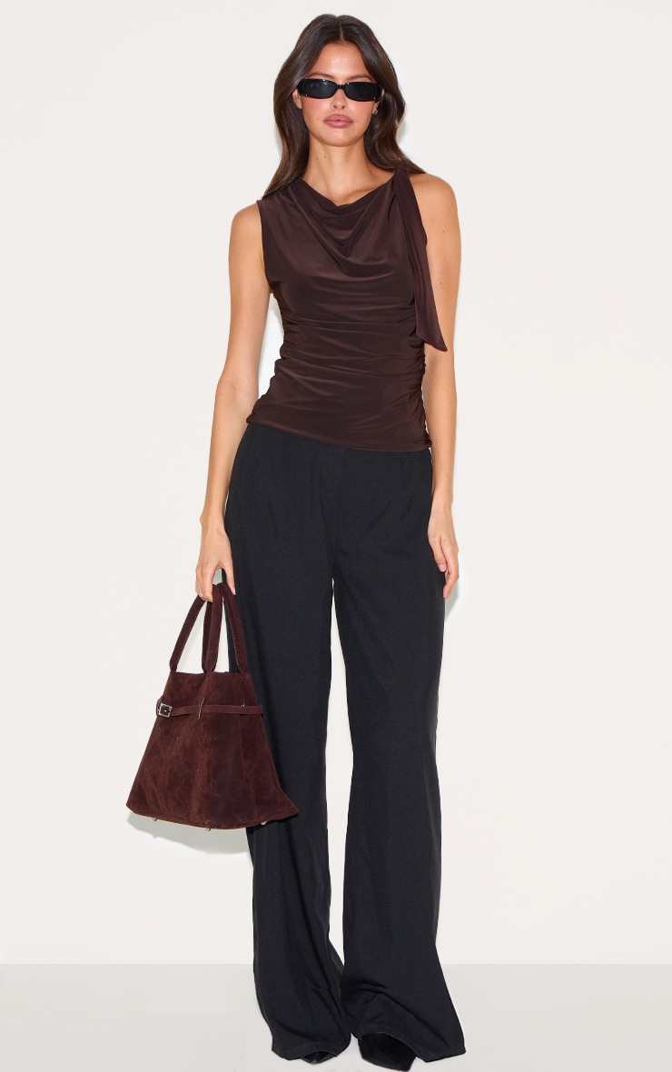 Chocolate Double Layer Slinky Shoulder Tie Detail Top image 3