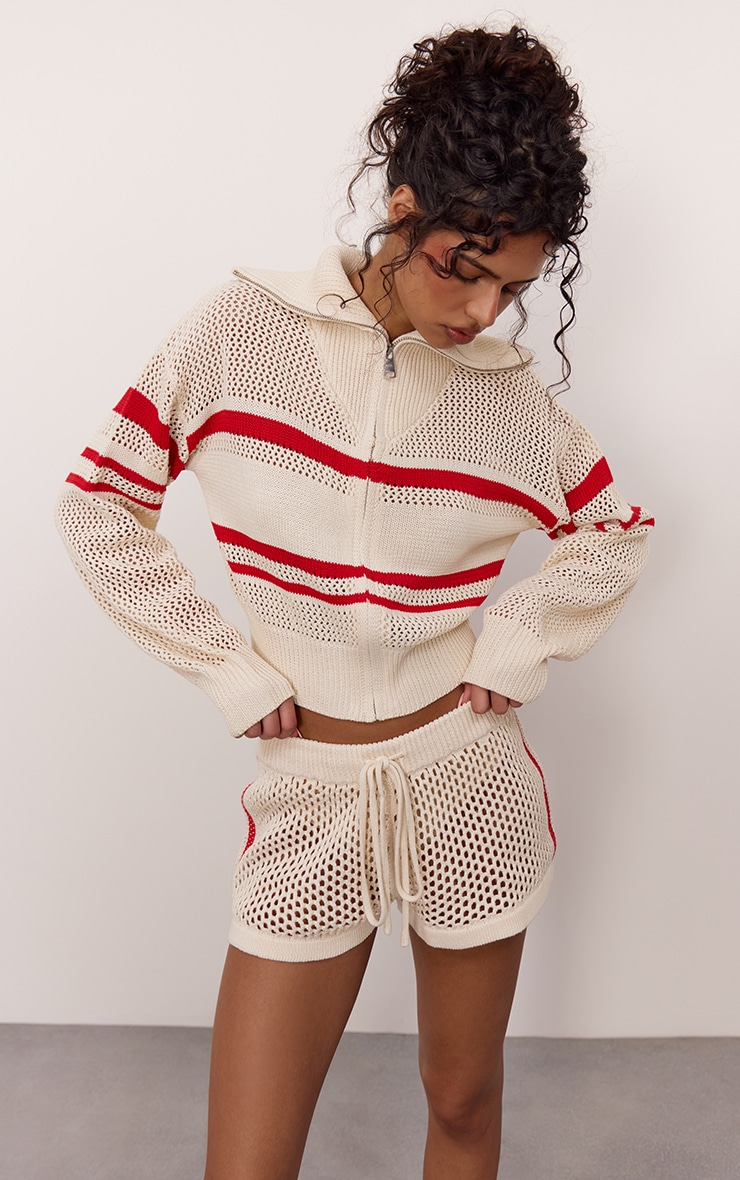 Cream Drawstring Crochet Knit Mini Shorts