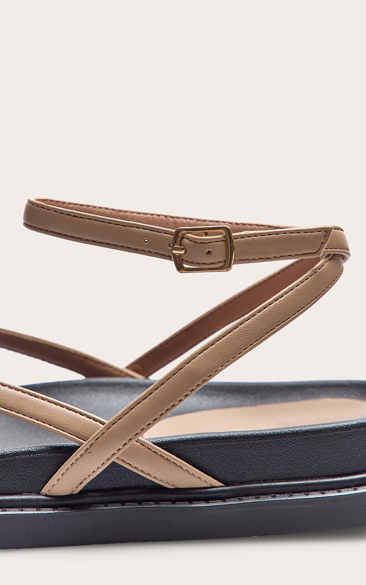 Beige Pu Round Toe Thong Footbed Ankle Strap Flat Sandals image 5
