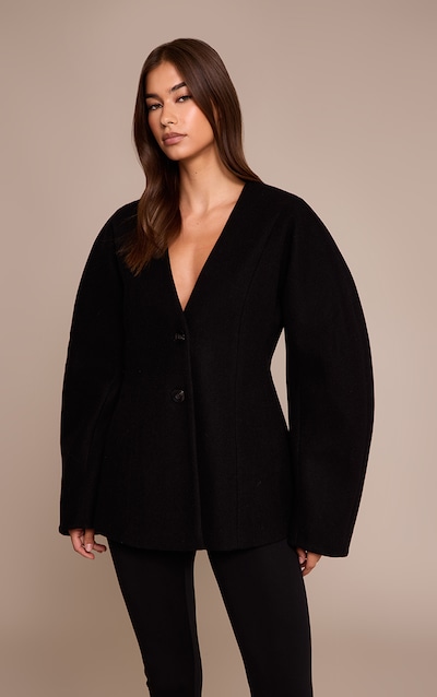 Blazer noir en effet laine sans col à manches cocon