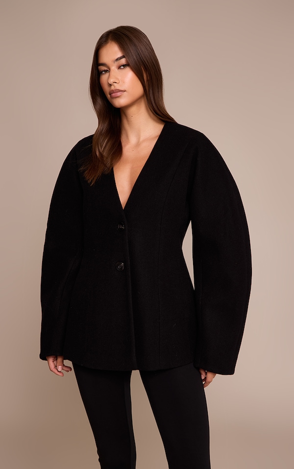 Black Wool Look Collarless Cocoon Sleeve Blazer