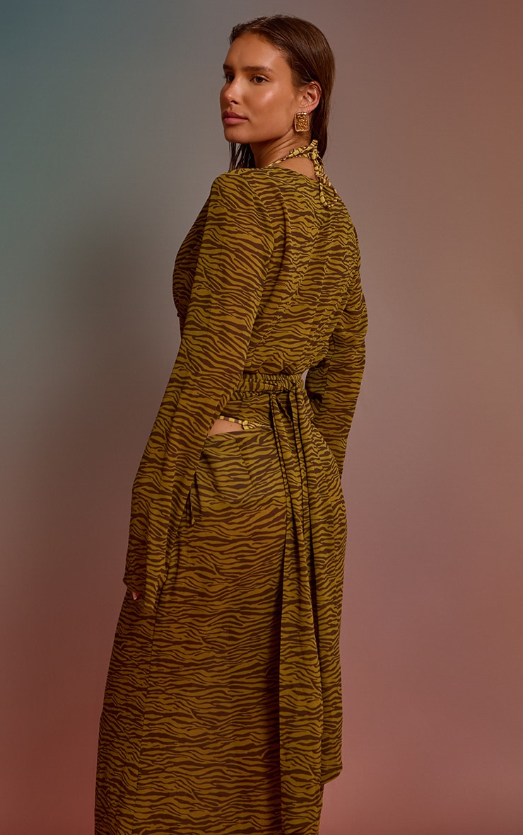 Olive Zebra Printed Chiffon Wrap Waist Beach Top image 2