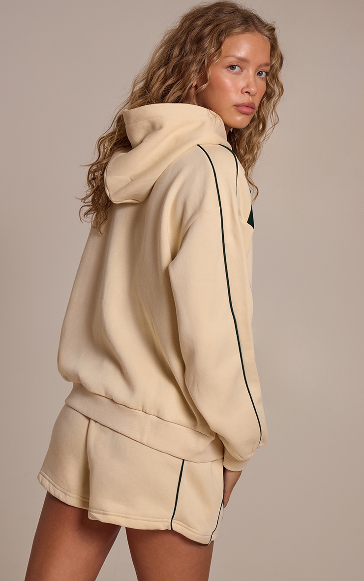 Cream Embroidered Graphic Contrast Zip Oversized Hoodie image 2