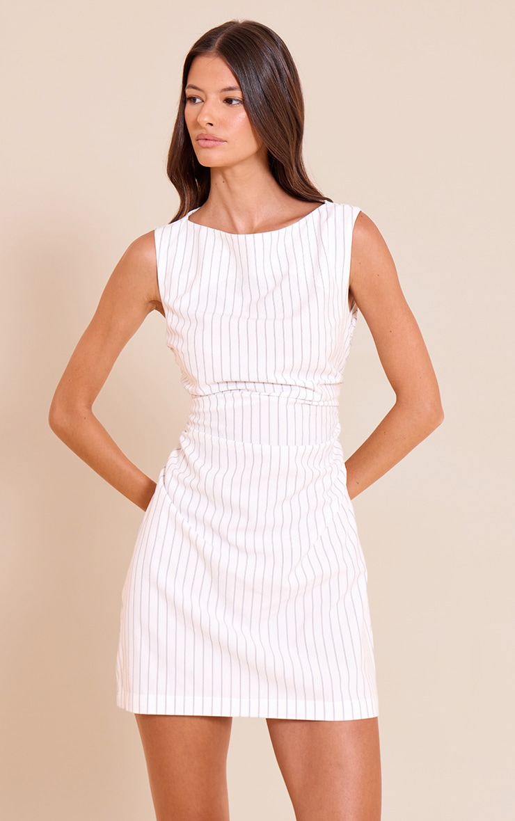 White Pinstripe Ruched Detail Bodycon Dress image 1