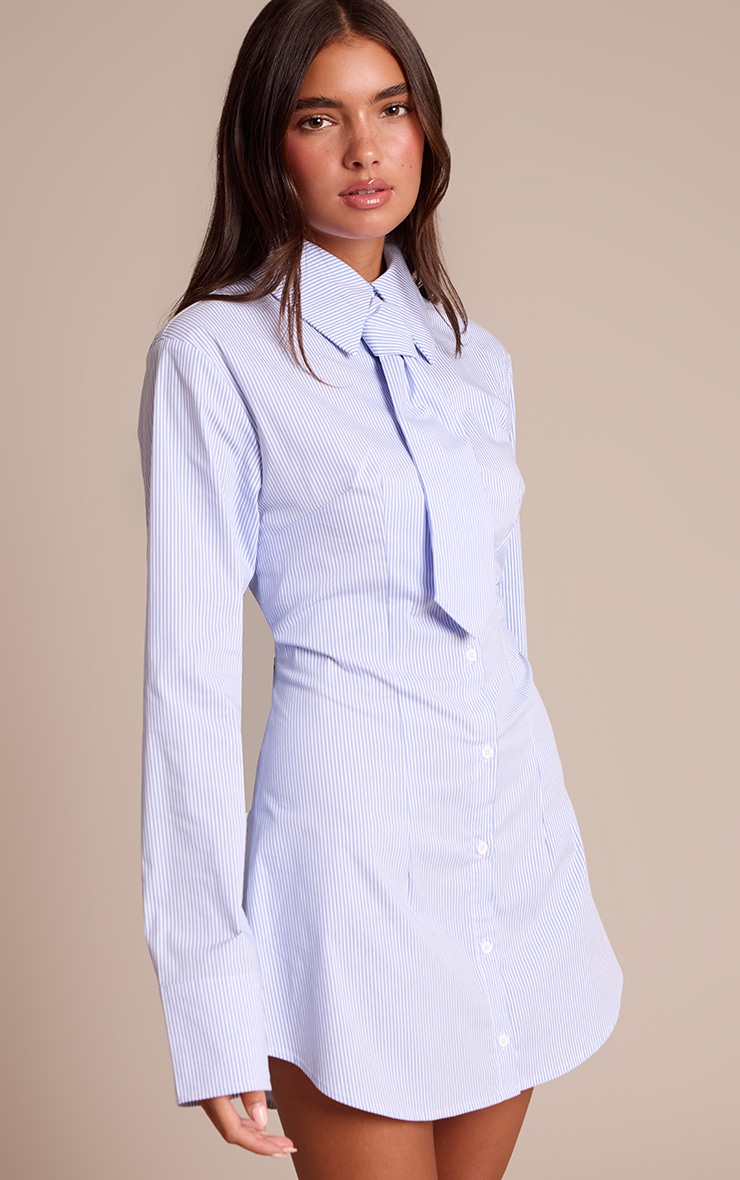 Blue Pinstripe Tie Detail Button Down Shirt Dress image 1