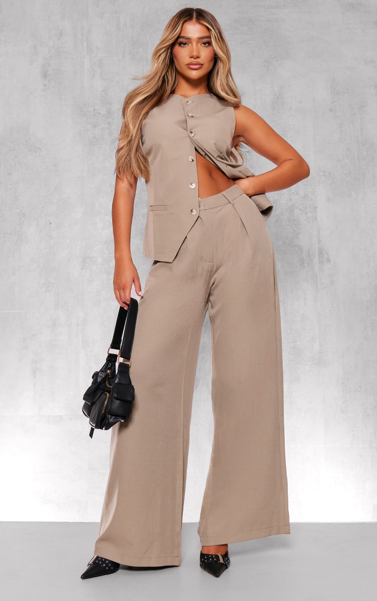 Taupe Woven Tailored Wide Leg Pleated Pants image 1