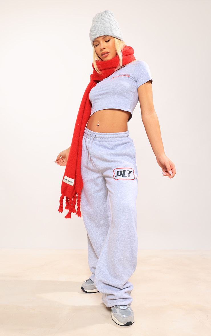 PRETTYLITTLETHING Grey Marl Printed Oversized Drawstring Wide Leg Joggers image 1