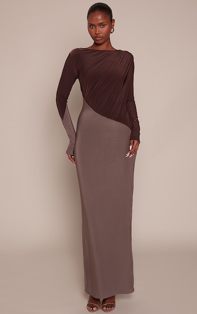 Chocolate Slinky Contrast Panel Long Sleeve Maxi Dress