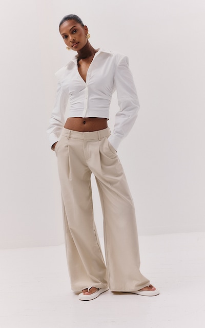 Ecru Woven Double Pleat Wide Leg Pant
