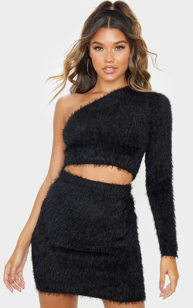 Black Eyelash One Shoulder Crop Top