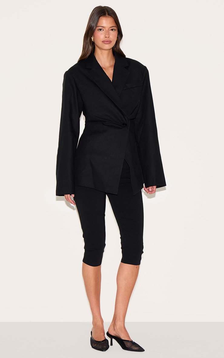 Black Linen Tailored Cinched Waist Blazer image 3