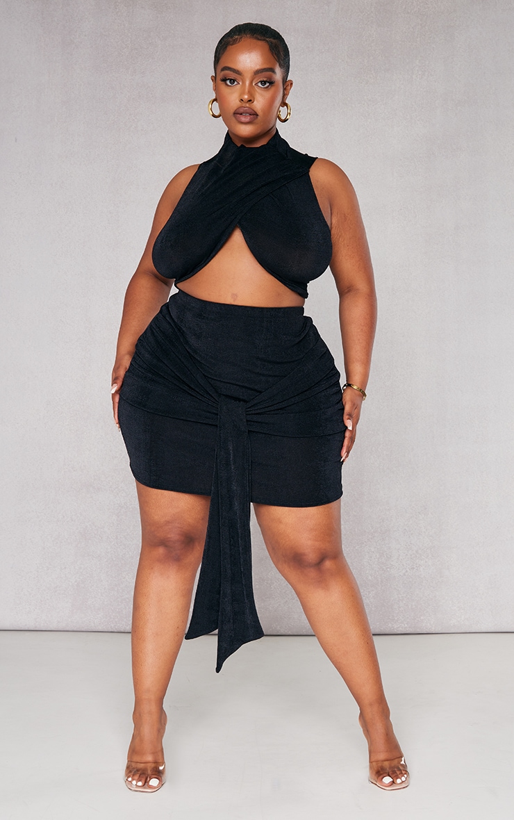Plus Black Acetate Slinky Drape Mini Skirt