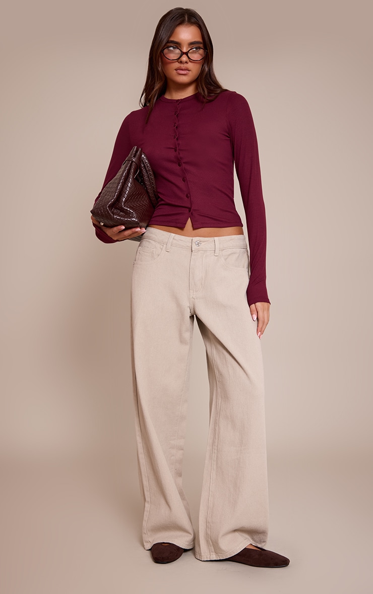 Wine Soft Rib Button Down Long Sleeve Top image 3