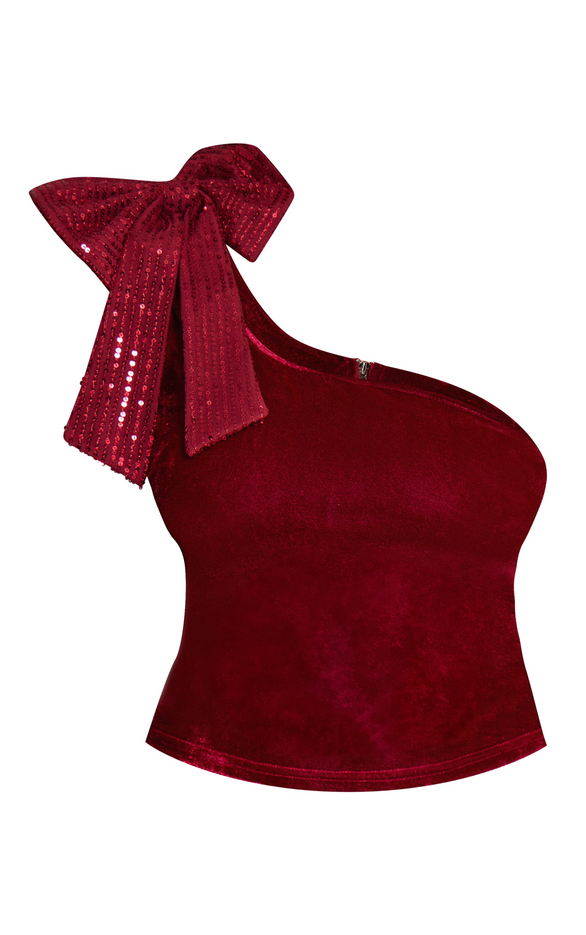 Burgundy Asymmetric Velvet Sequin Bow Detail Long Top image 5